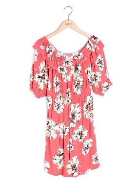 ba&sh Kiara Red Floral Off Shoulder Mini Dress Elastic Waist Balloon Sleeve New